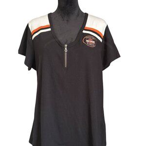 Harley-Davidson Womens Short Sleeve Zip Front Black Tee With Logo & Retro Stripe